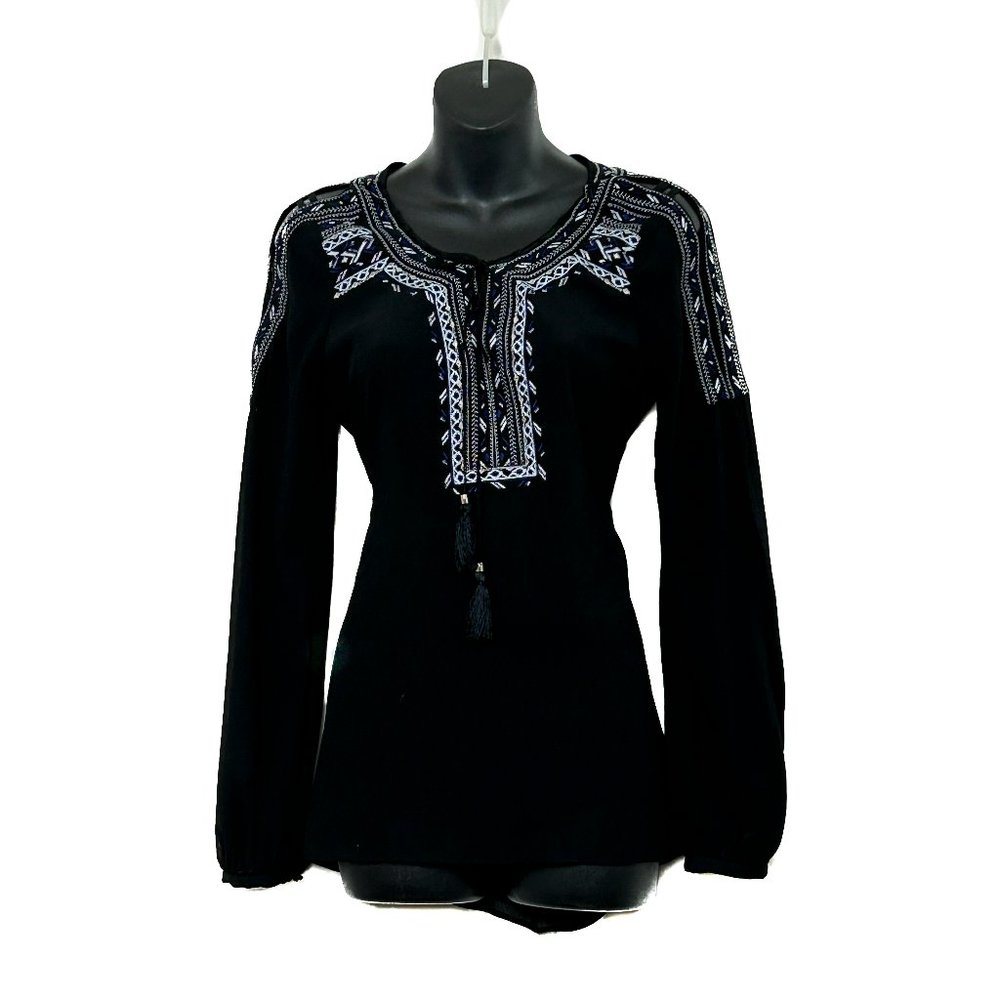White House Black Market Womens LS Black Peasant Top Blue & White Detail Sz 4